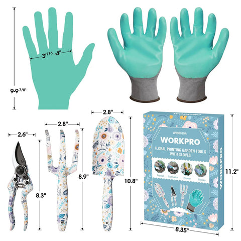 Aluminum Garden Tool Set Four Piece With Trowel Rake Pruner And Gloves In Sturdy Box Heavy Duty Hand Tools Floral Pattern Garden Kit