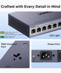 10 Port PoE Switch With 8 PoE Plus Ports Up To 60W Budget And 2 Gigabit Uplinks showing LED lights, wall mount, and power port
