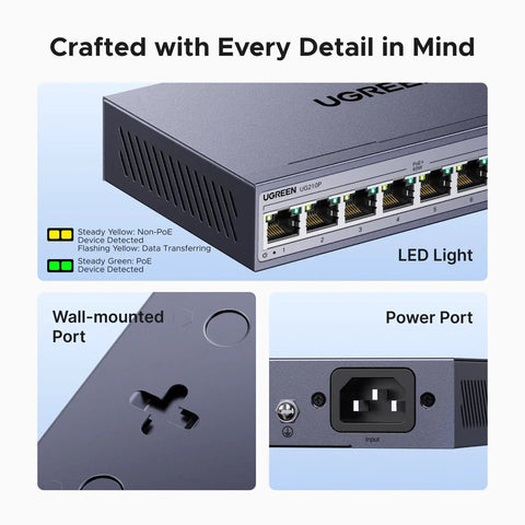 10 Port PoE Switch With 8 PoE Plus Ports Up To 60W Budget And 2 Gigabit Uplinks showing LED lights, wall mount, and power port