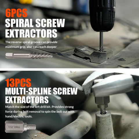 Close-up of bolt extractor kit with left-hand drill bits, showing spiral and multi-spline screw extractors in use.