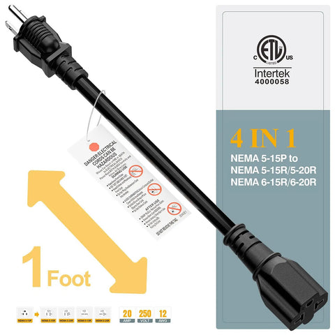 Beefy 15A To 20A Power Adapter Cable NEMA 5-15P To 5-15R 5-20R 6-15R 6-20R 4 In 1 12 AWG 1 Foot Black Cable with labels