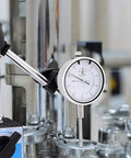 0-1.0 inch dial indicator on magnetic base with a long adjustable arm; silver metal gauge for precision measurement
