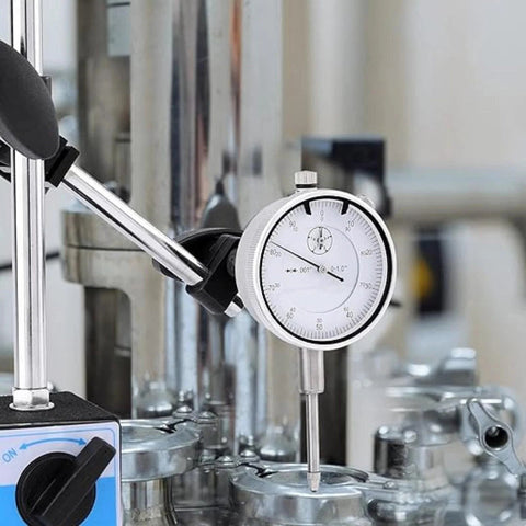0-1.0 inch dial indicator on magnetic base with a long adjustable arm; silver metal gauge for precision measurement