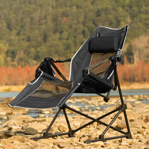 Go Horizon Hammock Chair For Adults Up To 400 Lbs with footrest and headrest on rocky beach