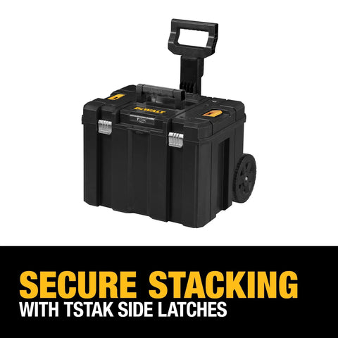 Rolling Tool Box With Wheels And Telescopic Handle Large Deep Stackable TSTAK Carrier shown with handle extended and side latches visible