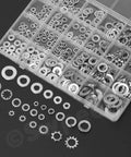 Swpeet 400Pcs stainless steel washer assortment kit in a plastic box with external tooth lock washers and flat washers