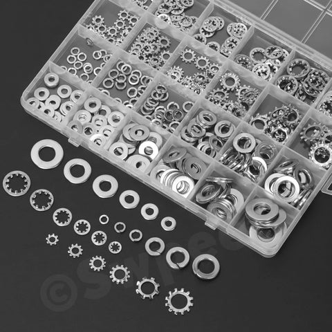 Swpeet 400Pcs stainless steel washer assortment kit in a plastic box with external tooth lock washers and flat washers