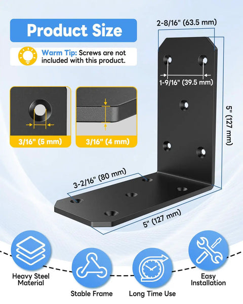 Badass Heavy Duty L Brackets 5 Inch Thick Steel Angle Supports Black 4 Pack dimensions with hole sizes for wooden shelves