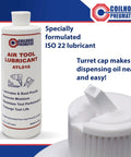 Air Tool Lubricant For Pneumatic Tools And Accessories, 16 Ounce Bottle With Flip Top Cap, Rust Inhibiting, Non Detergent, Non Reactive Formula To Prolong Tool Life And Prevent Wear displayed with close up of cap.