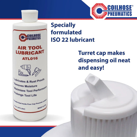Air Tool Lubricant For Pneumatic Tools And Accessories, 16 Ounce Bottle With Flip Top Cap, Rust Inhibiting, Non Detergent, Non Reactive Formula To Prolong Tool Life And Prevent Wear displayed with close up of cap.