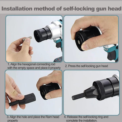 Installation method for Heavy Duty Cordless Automatic Rivet Gun With Rechargeable Battery M3 To M12 hex heads showing steps.