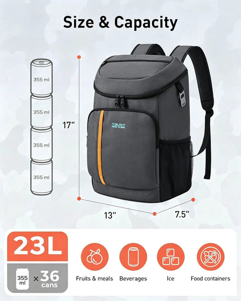 Dark gray Insulated Leakproof Cooler Backpack for Everyday Adventures with dimensions and capacity info on size and can storage.
