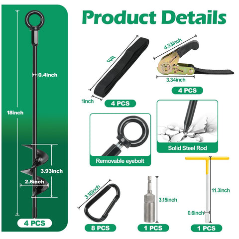 Trampoline Anchors Kit 4 Pack With 18-Inch Ground Stakes, Ratchet Straps, T-Handle, Hex Wrench and Carabiners for RV Awnings