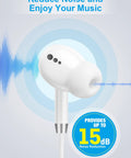 Close-up of white Type C Wired Earbuds With Mic and Remote For iPhone And Android with 15dB noise reduction, in-ear design.
