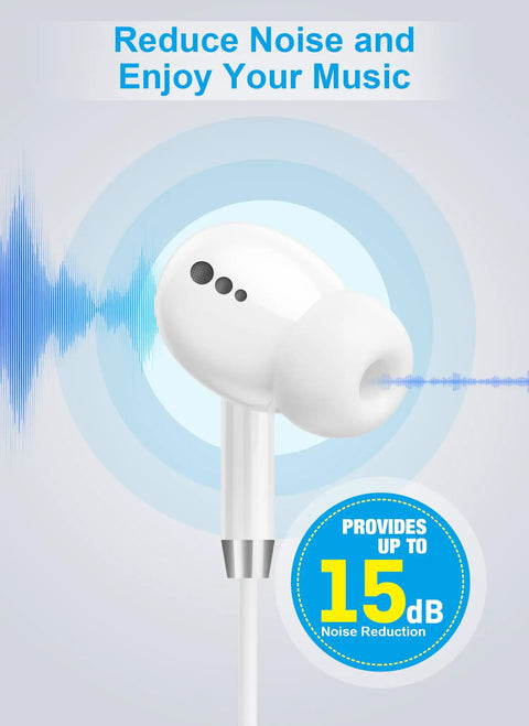 Close-up of white Type C Wired Earbuds With Mic and Remote For iPhone And Android with 15dB noise reduction, in-ear design.
