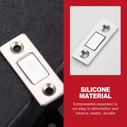 Ultra Thin Magnetic Cabinet Catch with Powerful Hold for Kitchen Cabinets, Drawers, Closets and Cupboards, silver design.