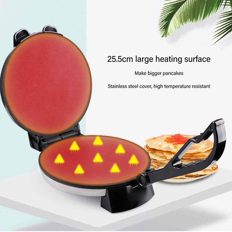 Heavy Duty Electric Tortilla Press 10 Inch Non Stick Roti Maker With Adjustable Heat Control showing 25.5cm heating surface for pancakes.