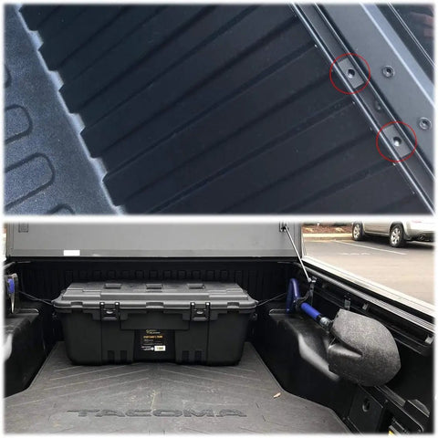 Heavy Duty T Slot Nuts And Bed Rails Cleats For Toyota Tacoma And Tundra Pickups mounted in truck bed with secure storage box.