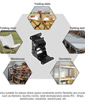 Heavy Hitter Locking Hinges 90 Degree Folding Table Leg Brackets shown with uses in folding bed, chair, and table setups.