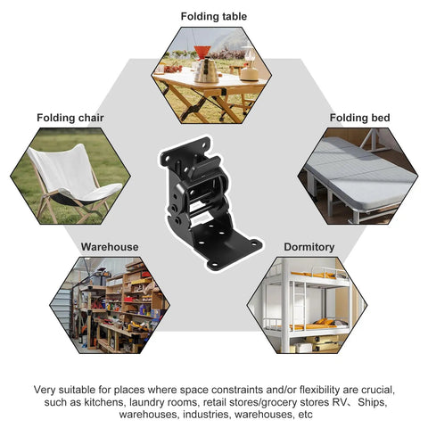 Heavy Hitter Locking Hinges 90 Degree Folding Table Leg Brackets shown with uses in folding bed, chair, and table setups.