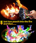 Color Changing Fire Packets for Campfires and Fire Pits 12 Pack Lit Rainbow Flames Safe Wood Compatible Indoor Outdoor Bonfire Accessory Perfect For Backyard Parties Camping Trips And Outdoor Gatherings, hand holding pouches.