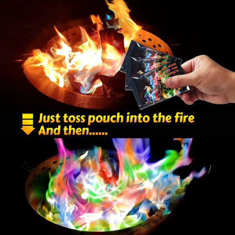Color Changing Fire Packets for Campfires and Fire Pits 12 Pack Lit Rainbow Flames Safe Wood Compatible Indoor Outdoor Bonfire Accessory Perfect For Backyard Parties Camping Trips And Outdoor Gatherings, hand holding pouches.