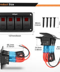 Four Gang Rocker Switch Panel With DIY Label Stickers And Pre Wired Jumpers SPST On Off 12V 20A And 24V 10A Aluminum Plate Red Ideal For LED Light Bars RV Boats And 4x4 Vehicles, 127mm wide