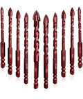 FEWELL masonry drill bit set, 10-piece red cobalt-coated bits, sizes 3/16 to 1/2 in, front view