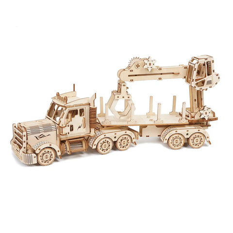 3D Wooden Puzzle for Adults and Teens, Mechanical Truck Crane Model Kit, DIY Wood Craft Hobby Toy, Family Project for Hobbyists, Women and Men, 428 Pieces, Challenging Hands On Build, Educational Fun, beige wooden truck crane side view
