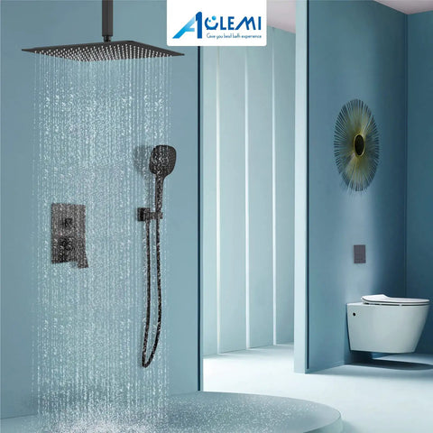 Ceiling Mount Shower System With 10 Inch Matte Black Rain Shower Head And ABS Handheld Spray 3 Functions High Pressure Built To Last All Metal Brass Construction Includes Rough In Valve And Trim Kit Single Handle Control in modern bathroom.