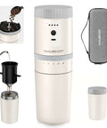 All In One Portable Coffee Maker With Built In Burr Grinder And Pour Over Filter For Travel Car Camping And Home Get Fresh Ground Coffee On The Go Anywhere In Minutes, beige, includes carry case, coffee pouring view