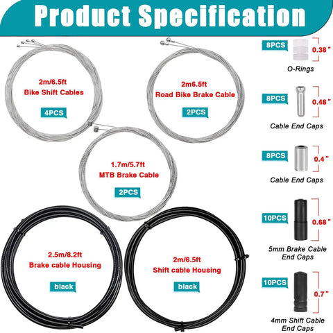 Universal Bicycle Brake Cable And Housing Kit With O Rings And End Caps For Mountain And Road Bikes diagram of components