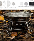 Hexagonal 430 Stainless Steel Folding Fire Pit Burn Barrel on leafy ground with accessory set for home and camping use