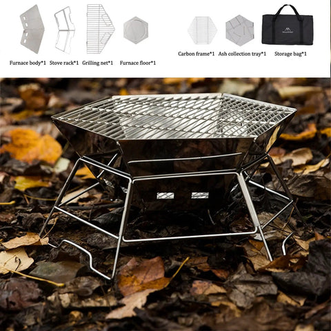 Hexagonal 430 Stainless Steel Folding Fire Pit Burn Barrel on leafy ground with accessory set for home and camping use