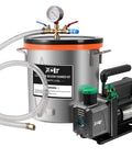 PB Motor Tech 5-gallon stainless steel vacuum chamber kit with front-view, black lid and orange seal, 4.5 CFM pump.