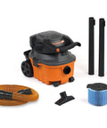 Compact Wet Dry Shop Vacuum With Detachable Handheld Blower 4 Gallon Tank showing various accessories and filters for versatile cleaning.