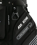 Close-up of Smooth Glide 14 Way Divider Golf Cart Bag With Full Length Dividers And Kickass Extra Storage Pockets in sleek black, showcasing the dry pocket.