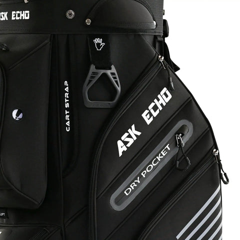 Close-up of Smooth Glide 14 Way Divider Golf Cart Bag With Full Length Dividers And Kickass Extra Storage Pockets in sleek black, showcasing the dry pocket.