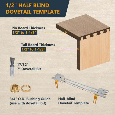 Half blind dovetail template for 12 Inch Dovetail Jig With Templates, Router Bits, And Guide Bushing For Half Blind And Through Dovetails