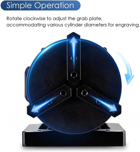 D70 Pro-Grade Rotary Axis Attachment detail of 3 jaw rotary chuck showing 360 degree and 0-90 degree adjustable rotation mechanism
