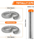 Two coils of 60/40 Rosin Core Solder Wire 0.8mm and 1.0mm next to a plastic tube with dimensions, for electronics repair.