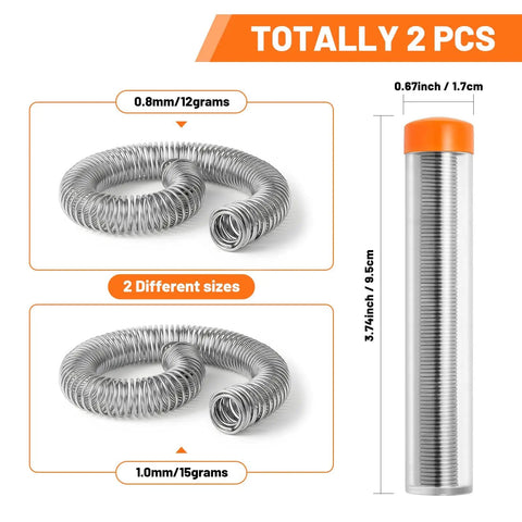 Two coils of 60/40 Rosin Core Solder Wire 0.8mm and 1.0mm next to a plastic tube with dimensions, for electronics repair.
