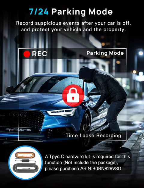 Front And Rear 4K Dash Cam With 64GB Card Built In 5G WiFi 4K Front And 1080P Rear Loop Recording Gravity Sensor 24 Hours Parking Mode Night Vision Car Cam For Safe Driving demonstrating parking mode with a figure near a parked car at night
