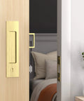 Privacy Pocket Door Lock With Edge Pull Handle No Key Sliding Doors For Bathroom And Bedroom, installed, brass finish