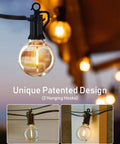 Close-up of 100 Ft Outdoor String Lights With 100 Plus 2 G40 LED Bulbs Shatterproof IP65 Waterproof hanging with hooks.