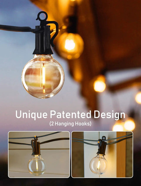 Close-up of 100 Ft Outdoor String Lights With 100 Plus 2 G40 LED Bulbs Shatterproof IP65 Waterproof hanging with hooks.