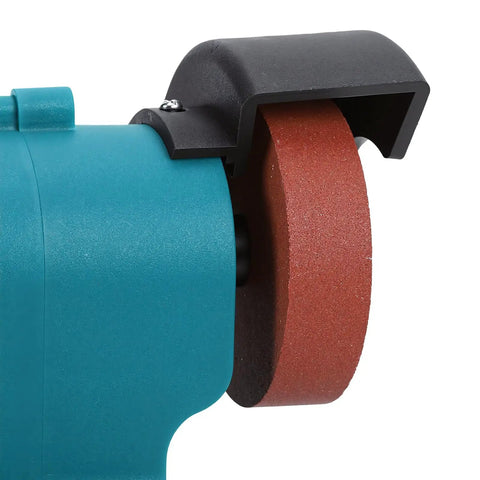 Close-up of Dipisuta Cordless Mini Bench Grinder Polisher with coarse and fine grinding wheels for metal sharpening.
