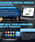 Heavy Duty OBD2 Diagnostic Scanner For Autos Featuring Seamless Bidirectional Controls Ecu Flashing And Full Topology Mapping showing touchscreen interface and diagnostic tools in a professional setting.