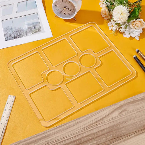 Clear Acrylic Nine Pocket Router Jig And Tracing Template For Woodworking Shops Heavy Duty Rectangle Layout Gauge displayed on yellow background.
