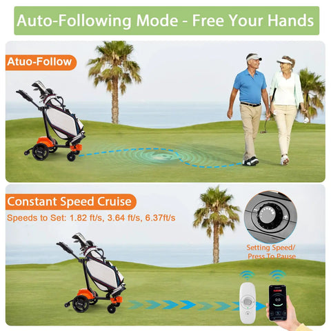 Smooth Operator Auto Follow Electric Golf Push Cart With Smart Remote App Controls demonstrating auto-follow mode on the green.